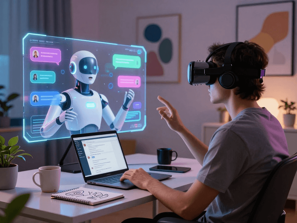 Engaging ai chat porn interaction in a modern virtual environment showcasing a person and AI chatbot.