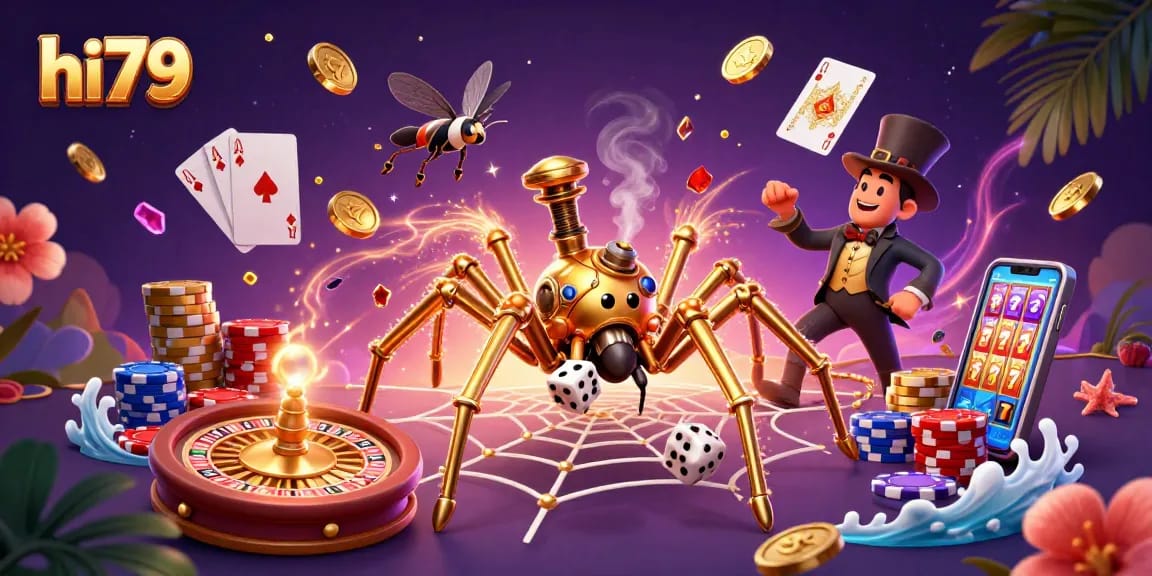 Experience immersive gaming thrills with hi79, showcasing a vibrant casino web of fortune.