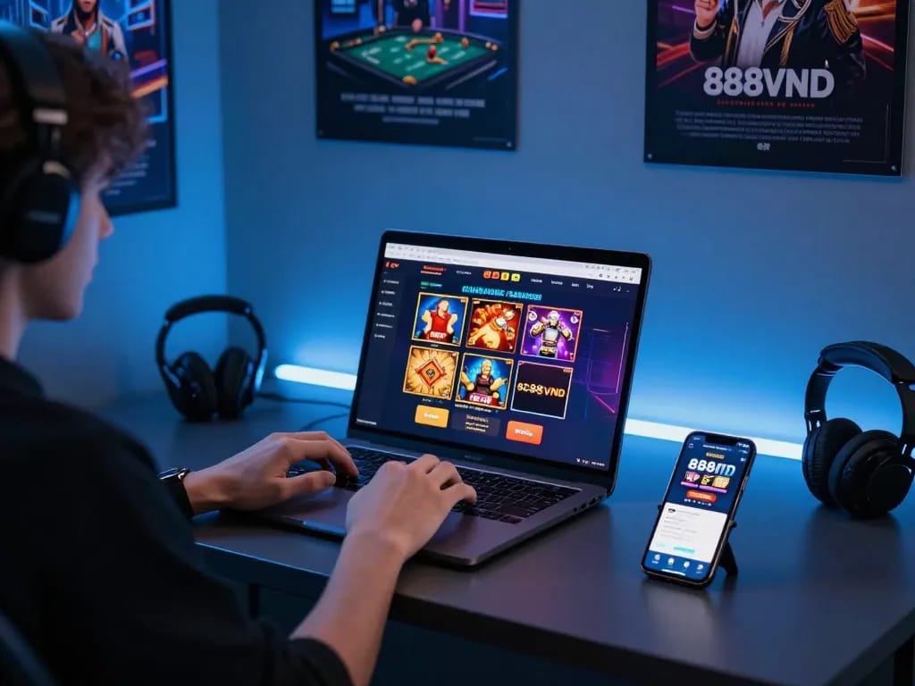 Engaging scene of an online user implementing 888vnd đăng nhập with various games and devices, emphasizing mobile access.