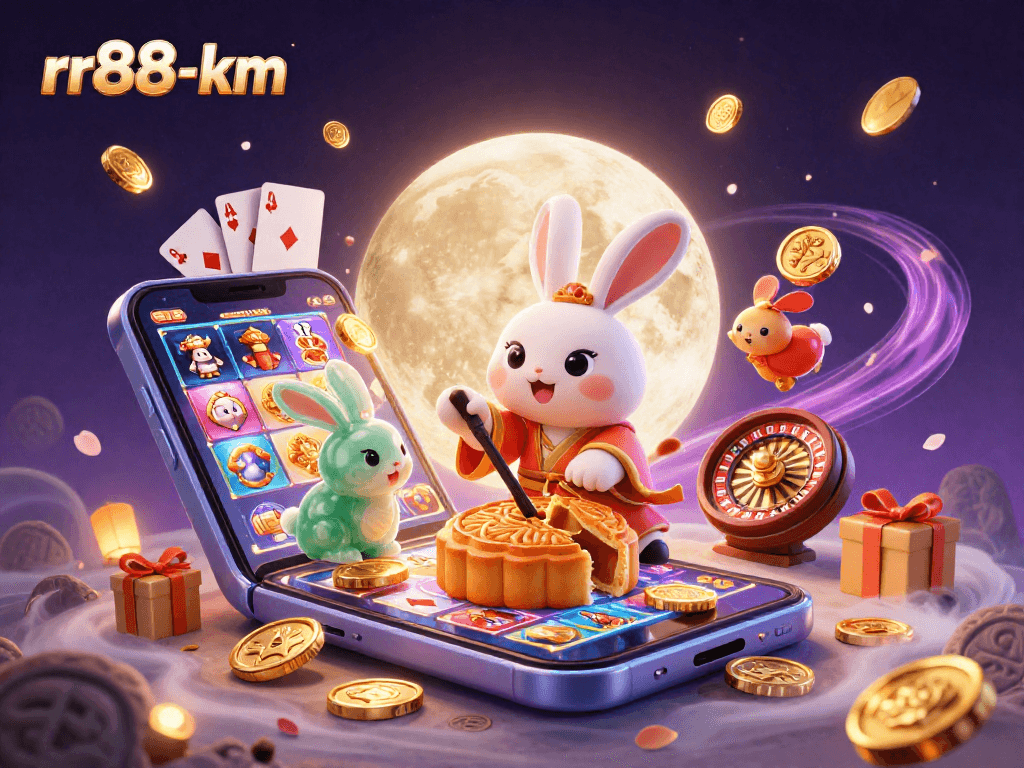 Engage with rr88-km's vibrant casino illustration featuring a moon rabbit and dynamic gaming elements.