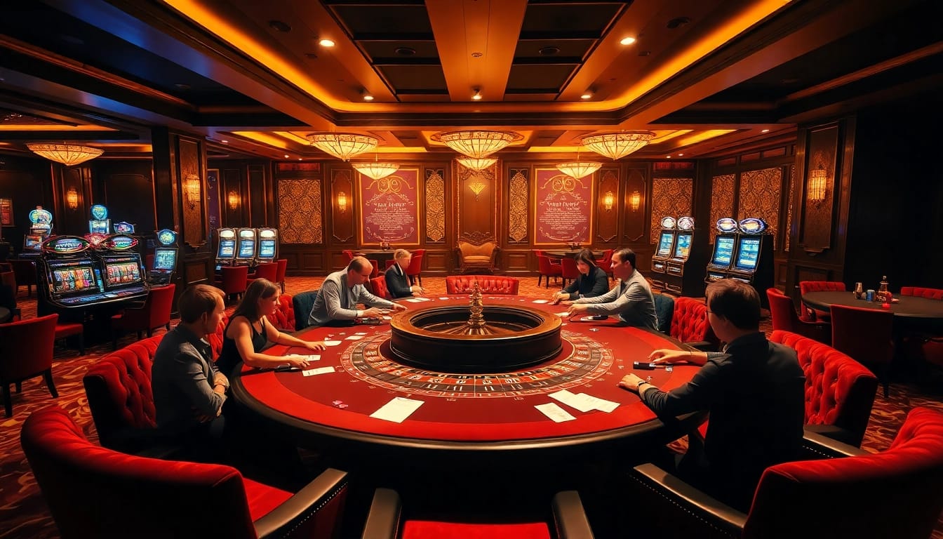 KIM88 club players enjoying a vibrant casino atmosphere with poker chips and card games.