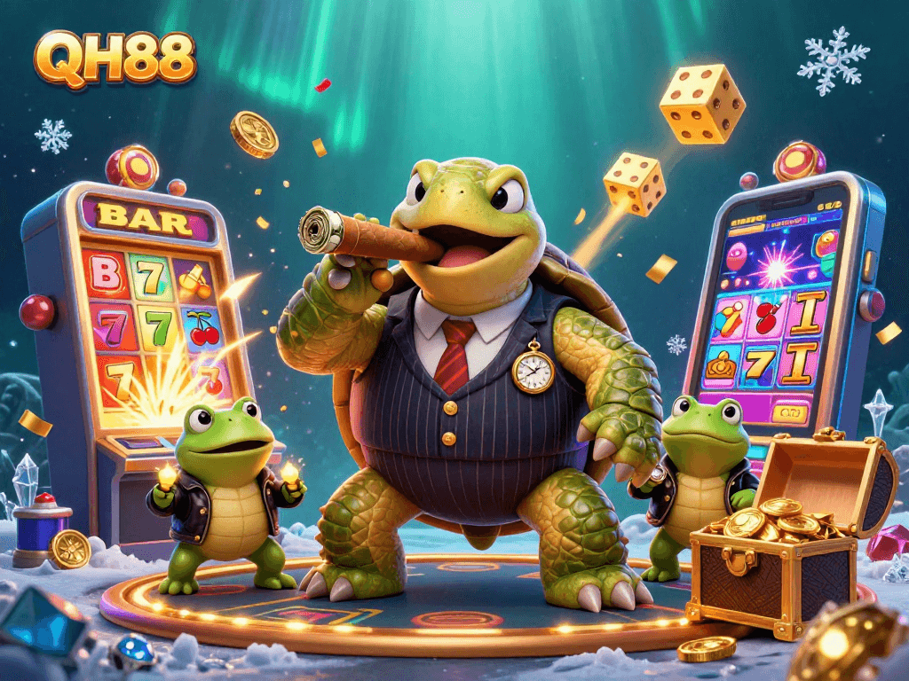 Experience the thrill of QH88 with a lively casino scene featuring vibrant characters and jackpot elements.