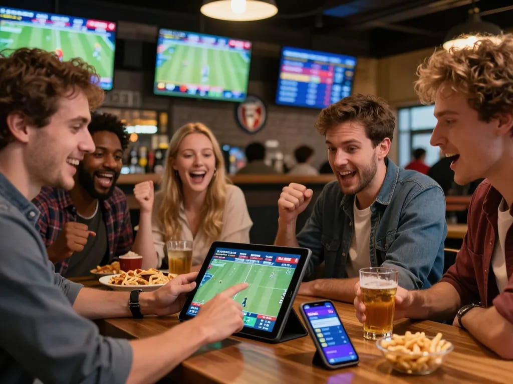 Engaged sports bettors checking NOWGOAL scores and placing bets in a lively bar.