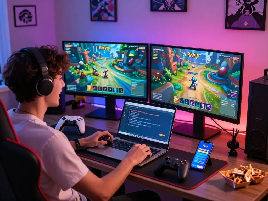 Player engaging with the Rikvip app in a colorful gaming setup, showcasing excitement and vibrant graphics.