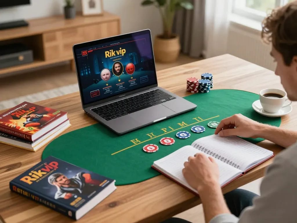 Player engaged in rik vip poker game on laptop in cozy home setup with strategy notes.