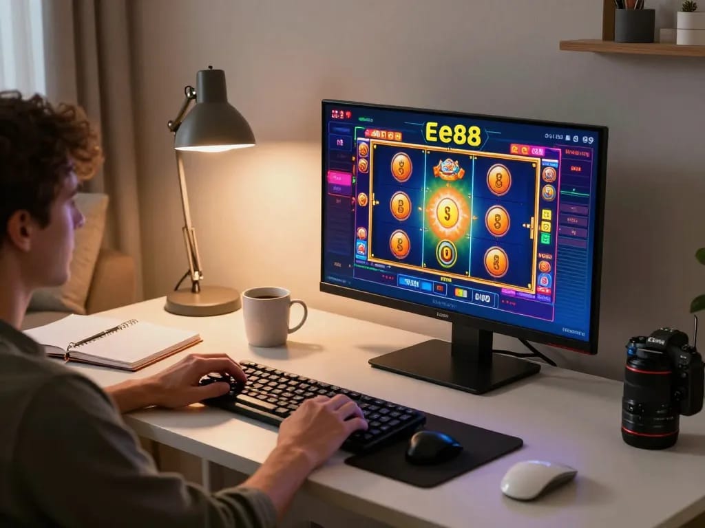 Player engaging in online gaming at Ee88, showcasing an exciting casino setup with vibrant visuals.