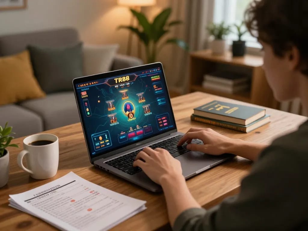 Engaged player enjoying a TR88 game online with strategic notes and warm ambiance.
