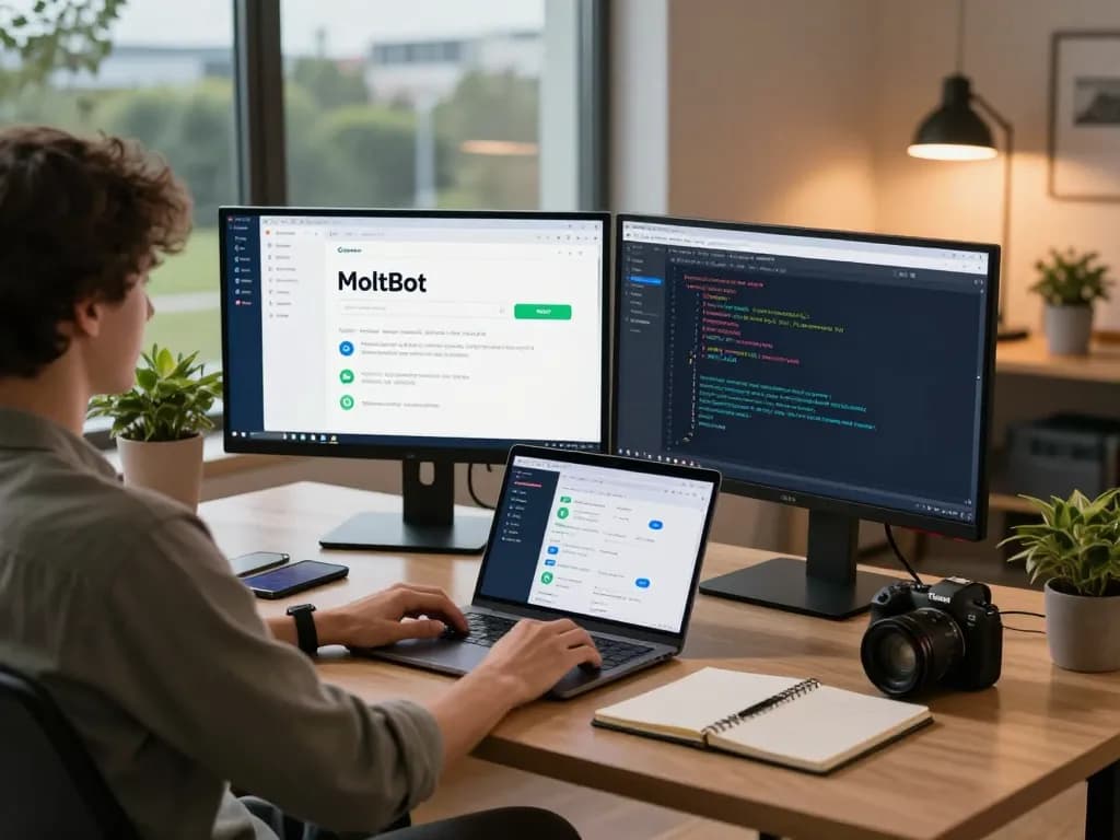 Engaging workspace featuring MoltBot AI assistant interface on screens, enhancing productivity and task management.