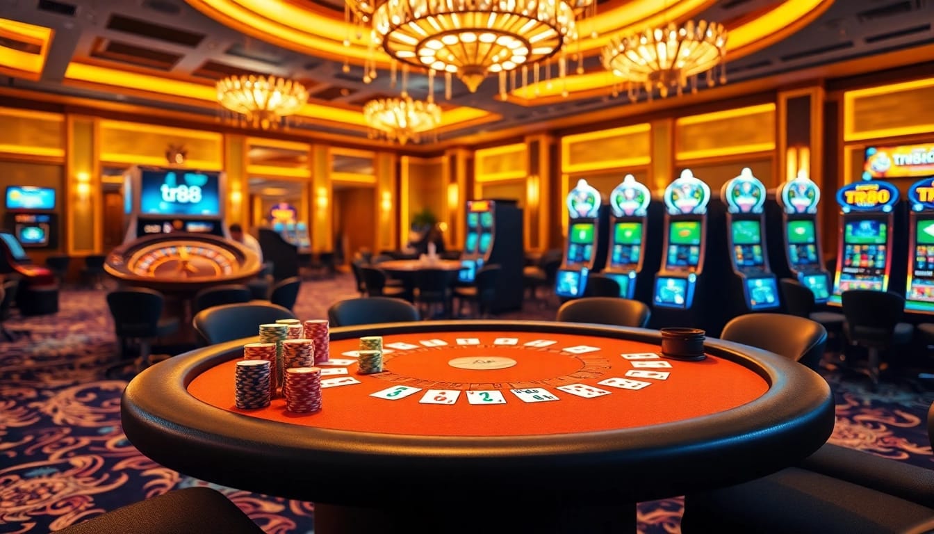 Exciting poker game at the TR88 casino with vibrant chips and cards.