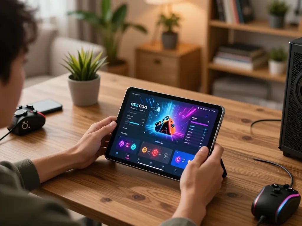 B52 Club player engaging with tablet app for online gaming strategy in cozy home setting.