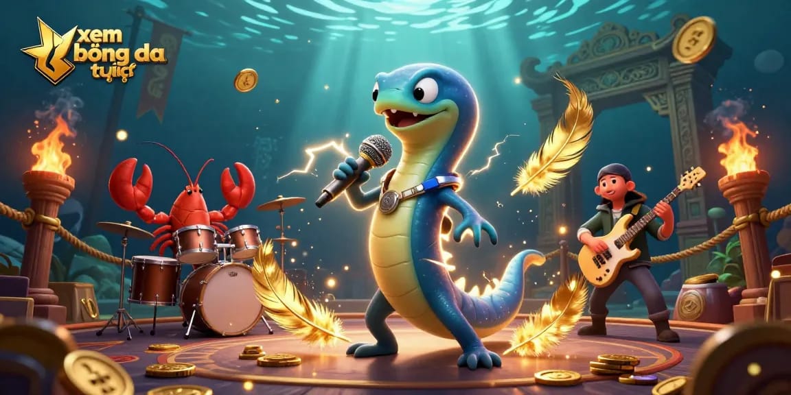 Xem bóng đá trực tiếp with a dynamic DJ eel and friends performing in an underwater casino stage atmosphere.