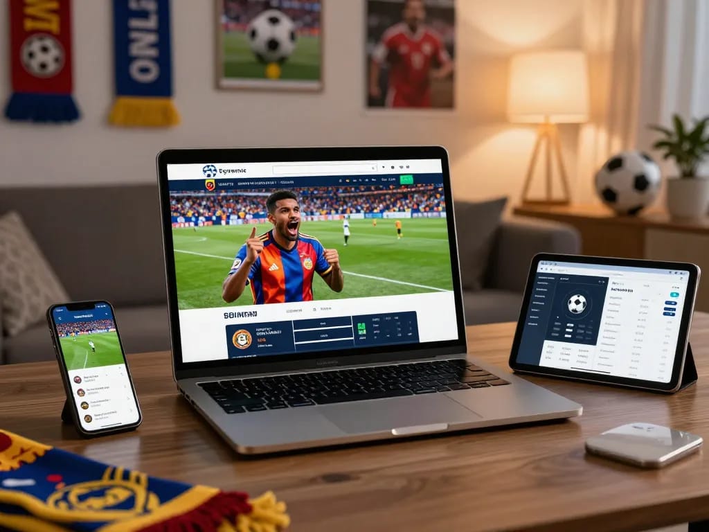 Football fan engaging with live 7m scores and betting odds in a cozy living room.
