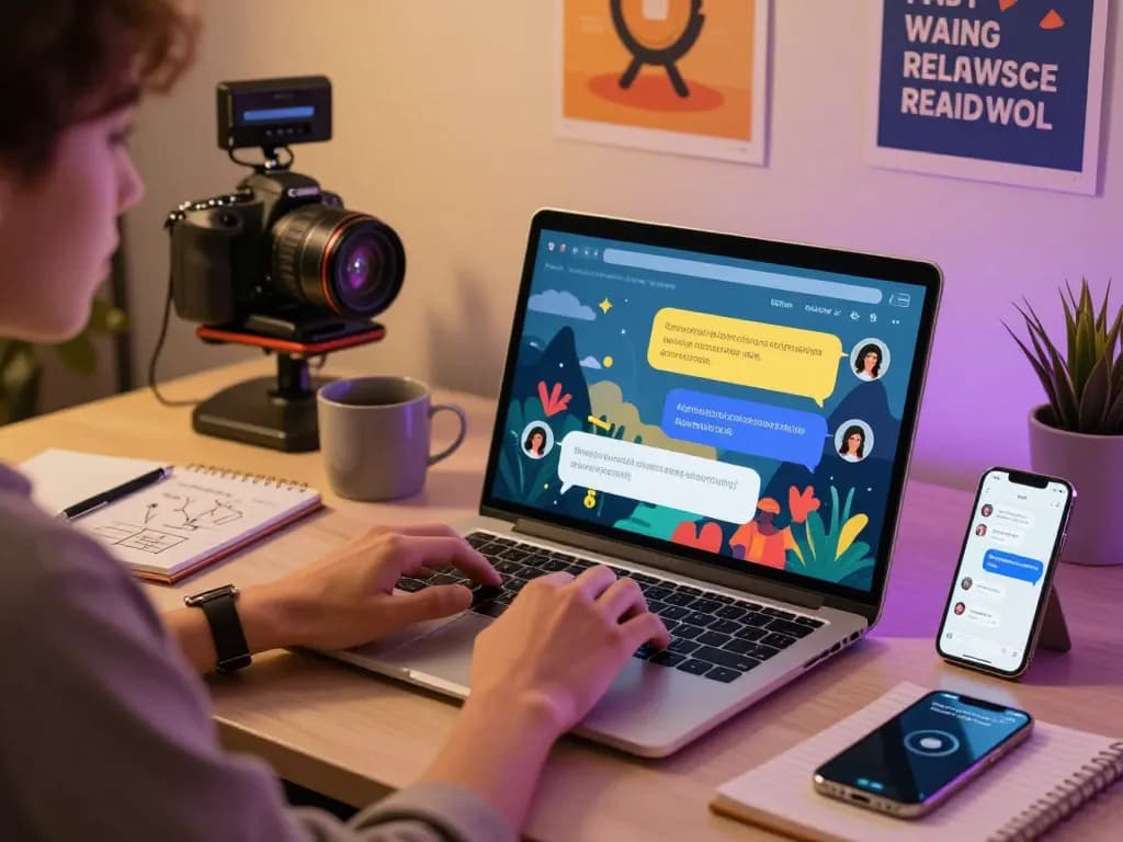 Engaging user in ai porn chat with vibrant digital landscape and sleek laptop