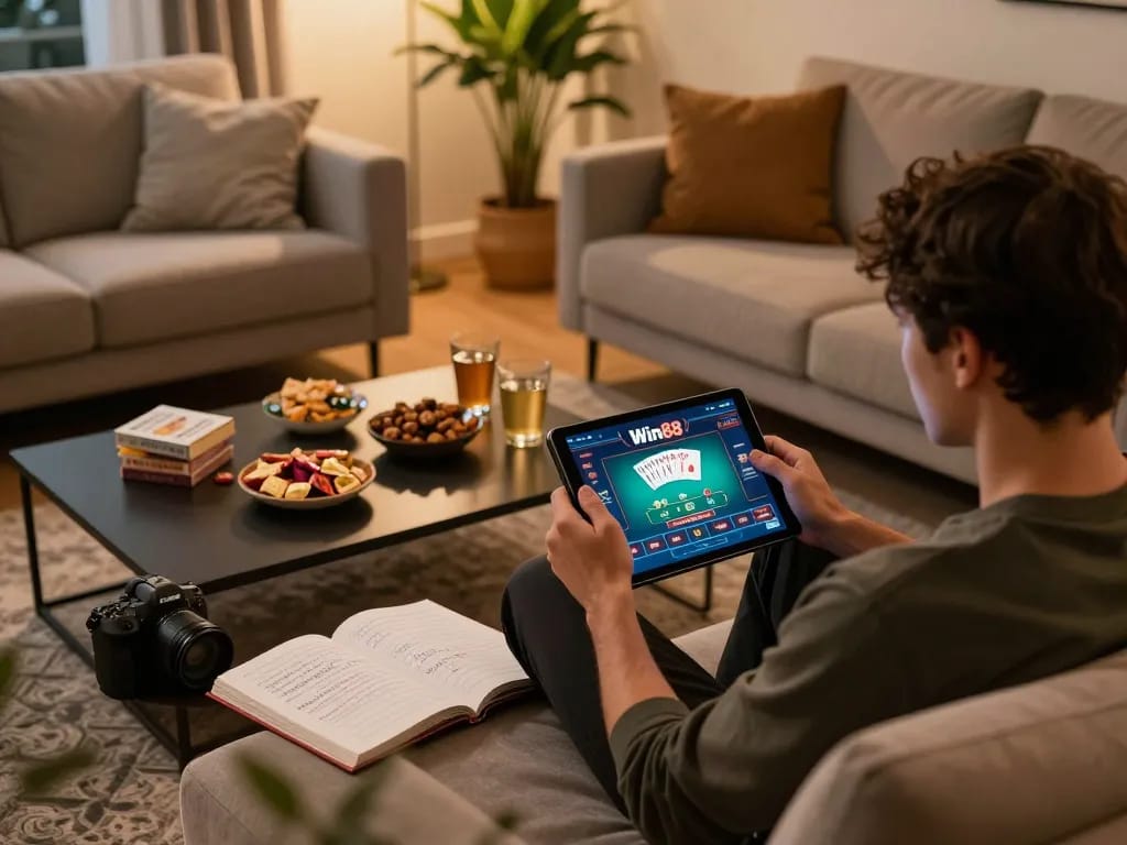 Engaging in online poker gameplay on Win88's platform from a cozy home setup with snacks.
