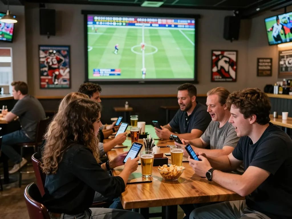 Kèo Nhà Cái Hôm Nay in action as friends enjoy live sports betting at a vibrant sports bar.