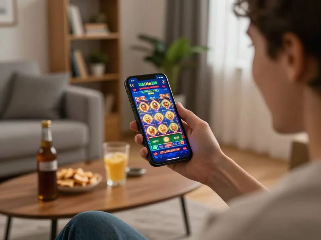 nk88 đăng nhập to a mobile casino app showcasing a winning screen event with vibrant visuals and cozy home ambiance
