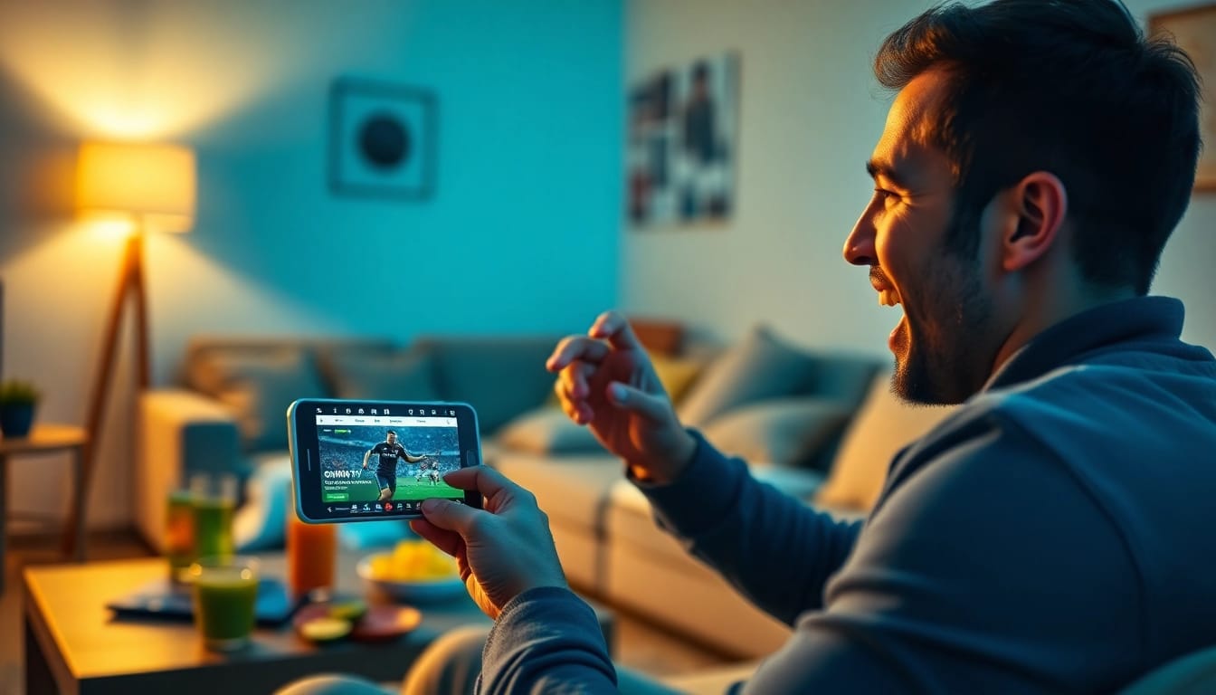 Excited fan watching a live football match on OKWINTV's interface on smartphone, cozy setting.