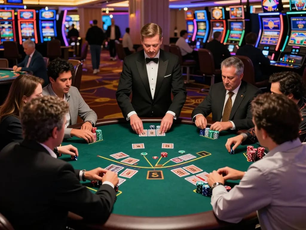Players engage in an intense blackjack game at a Las Vegas casino, showcasing the thrill of SUNWIN gaming atmosphere