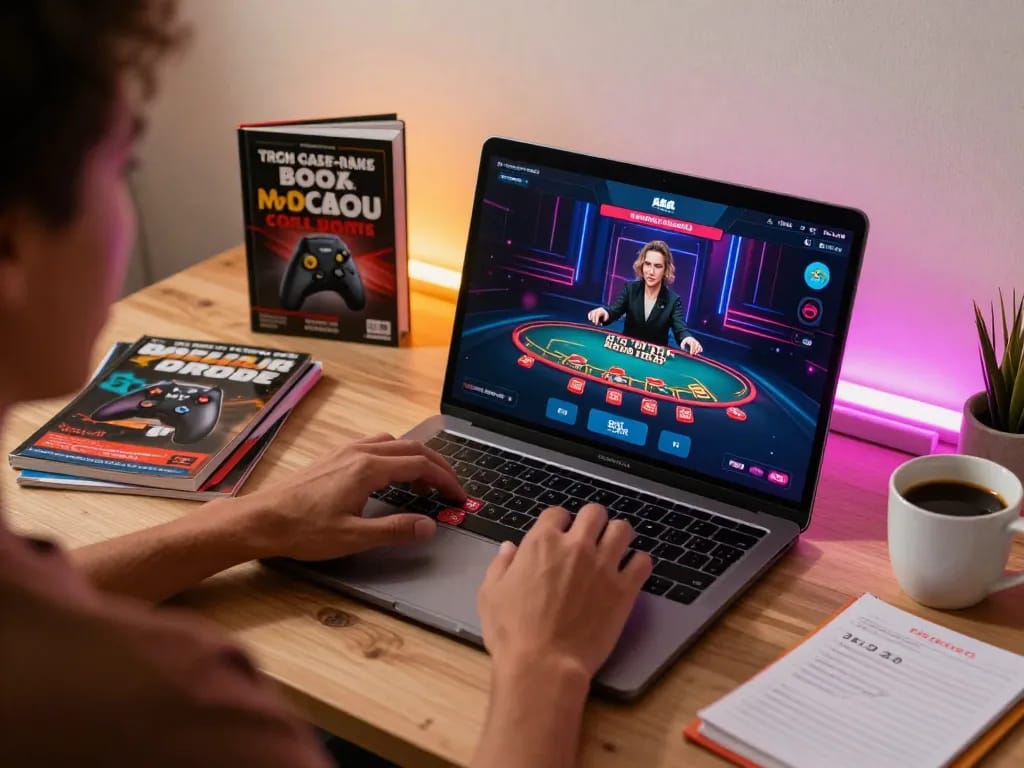 Engaged player strategically managing hitclub blackjack game on laptop in cozy home office.