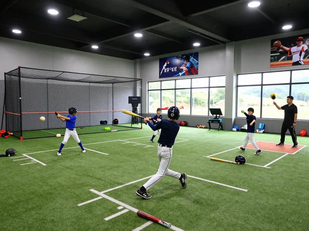 Hitclub baseball training session with young athletes practicing swings and coaches guiding in a modern facility