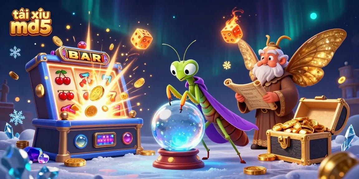 Experience the excitement of tài xỉu md5 with animated characters and vibrant casino elements surrounding them.