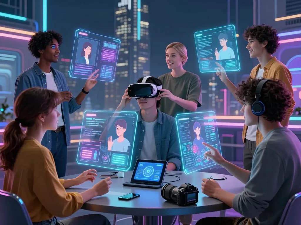 Engaging AI conversations through Crushon in a futuristic digital setting with diverse characters.