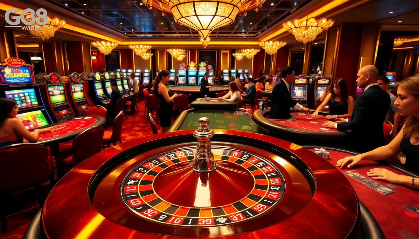 GG88 roulette wheel with vibrant poker chips and players engaged in an exciting casino atmosphere.