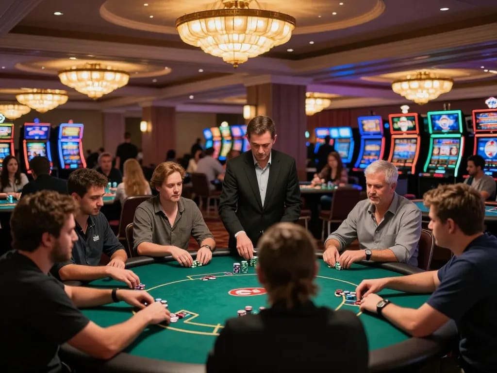 Players engaging in strategic gameplay at an upscale XX88 casino, vibrant atmosphere with poker tables.