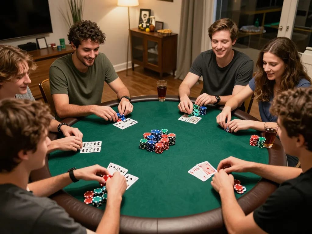 Daga players enjoying an intense poker game night with colorful chips and cards in play