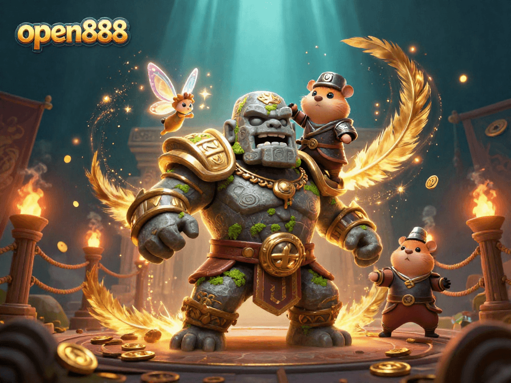 Win big with open888 in this vibrant 3D casino scene filled with magical characters and dynamic elements.