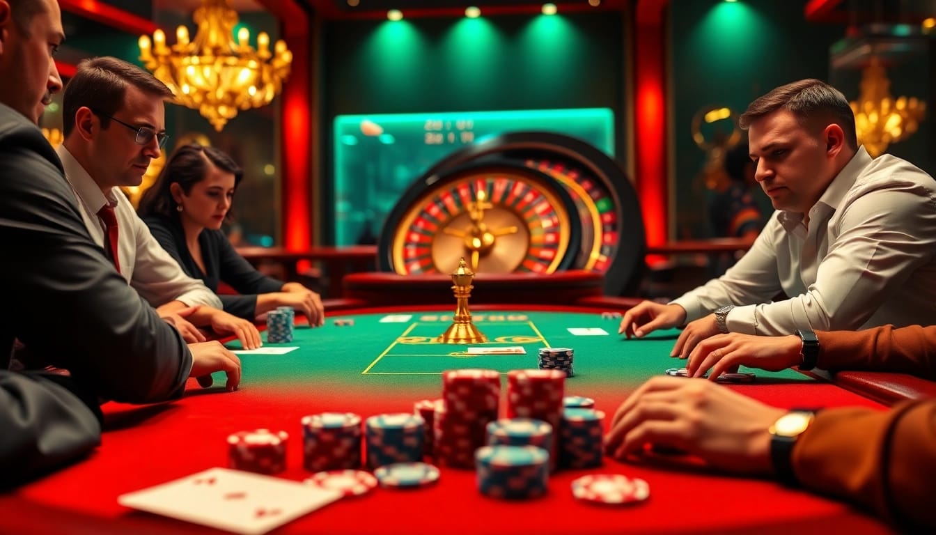 Players strategizing at a vibrant poker table on tylenhacai7.com, showcasing excitement and competition.