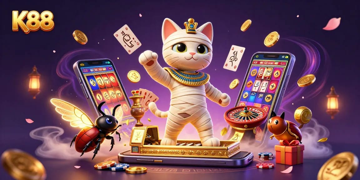 Experience gaming thrills with K88 as a mummy cat emerges in a vibrant casino scene.