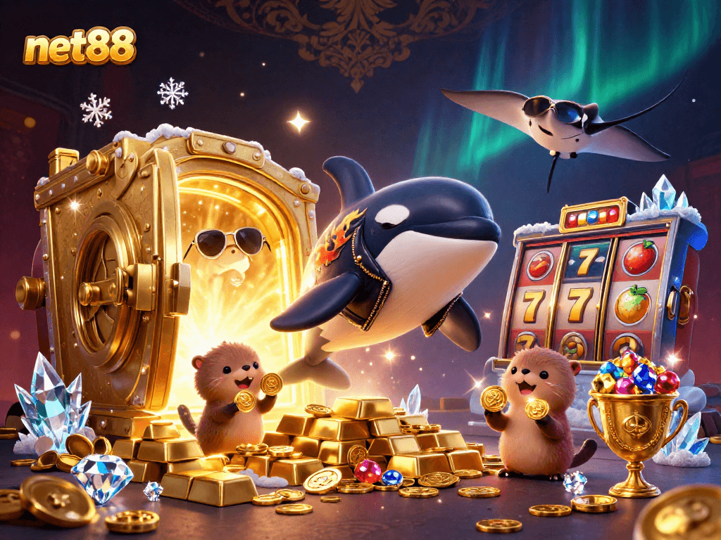Engage with net88's vibrant casino adventure featuring a dynamic 3D illustration of sea life.