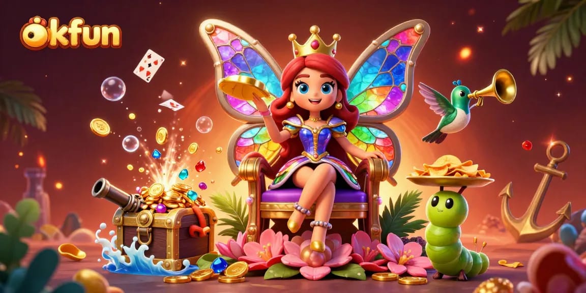 okfun's dynamic 3D illustration showcases a colorful casino-themed scene with a butterfly queen and games.