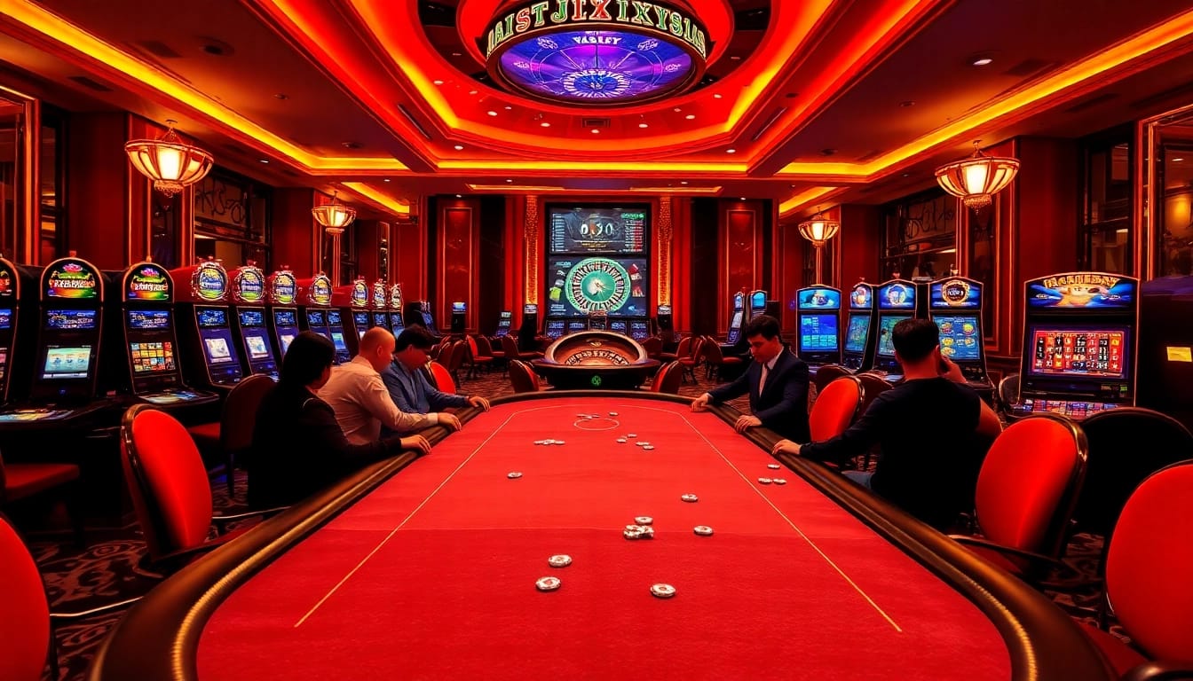 Engaging scene at Nhà Cái QQ88 with players enjoying high-stakes poker and vibrant slot machines.