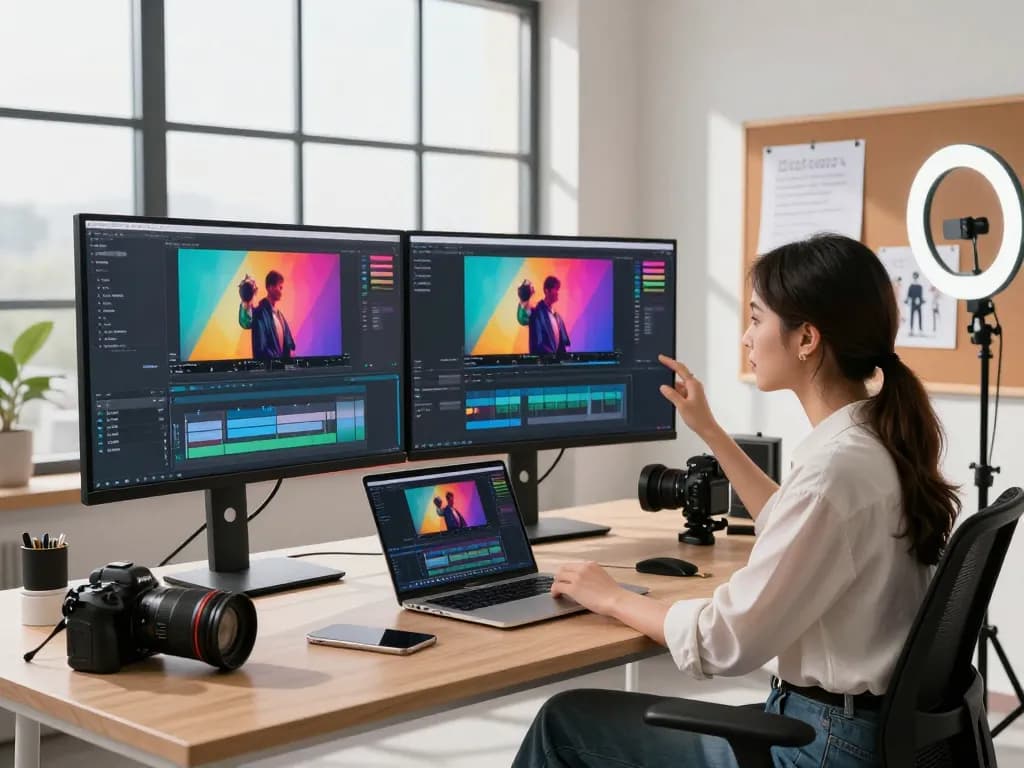 Content creator using Seedance AI in a modern video production studio, adjusting lighting and editing video clips.