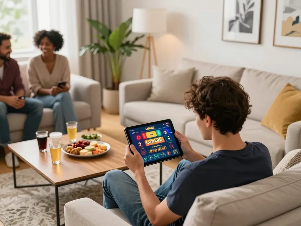 Player enjoying online LODE88 casino game on tablet in a cozy living room setting.