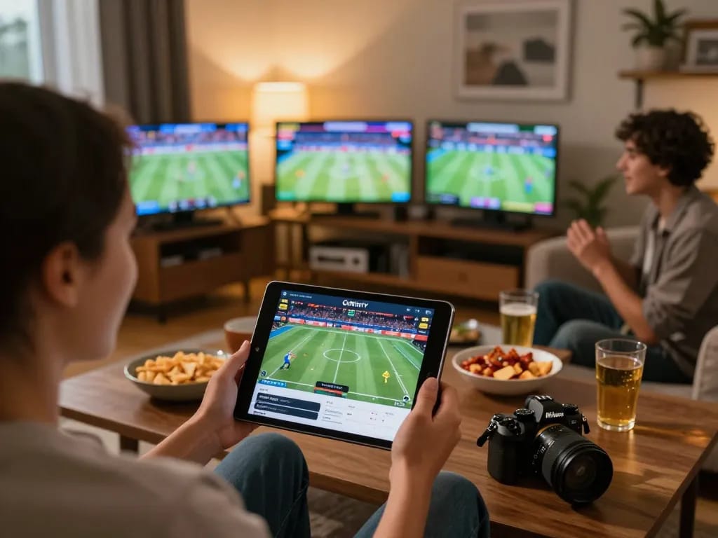 CakhiaTV user engaging with live sports betting on a tablet in a cozy home setting.