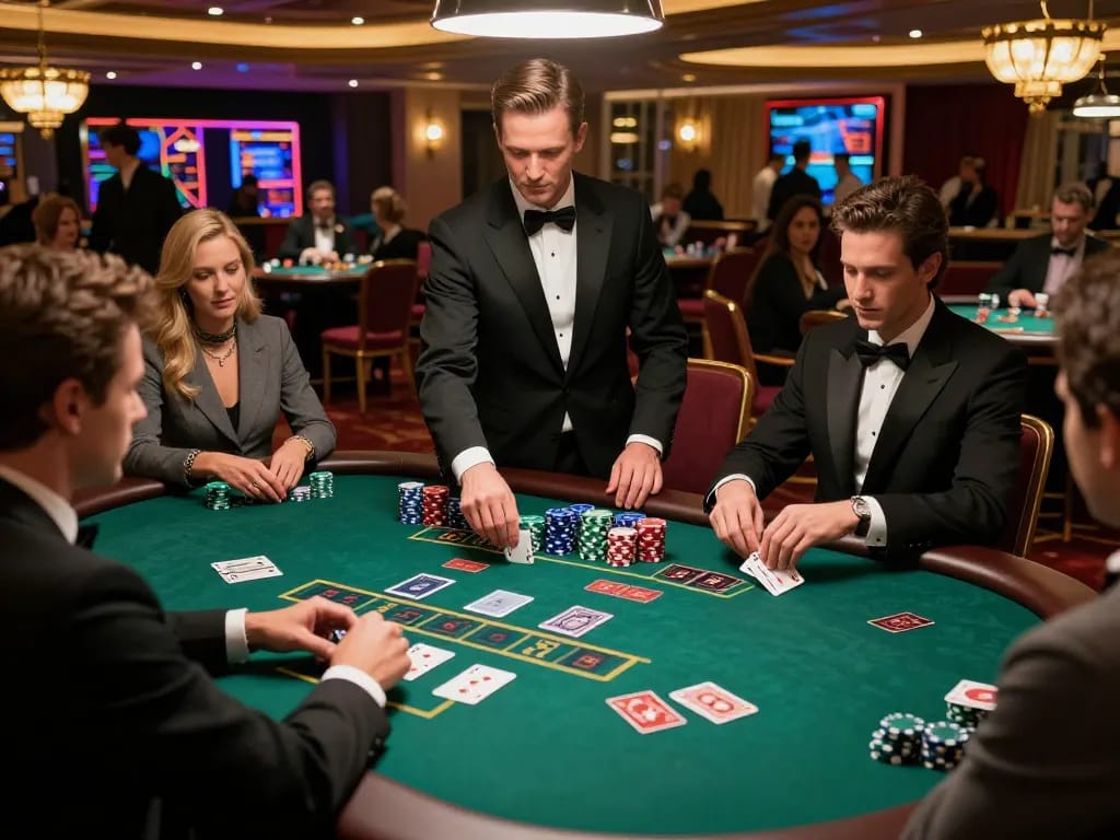 Players at 88 club engaged in intense blackjack strategy, vibrant casino atmosphere.