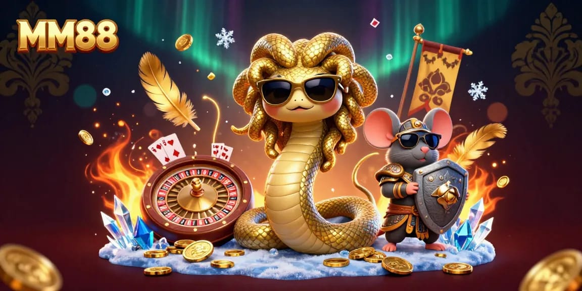 Experience the exciting world of MM88 in a vibrant casino scene featuring Medusa and a warrior mouse.