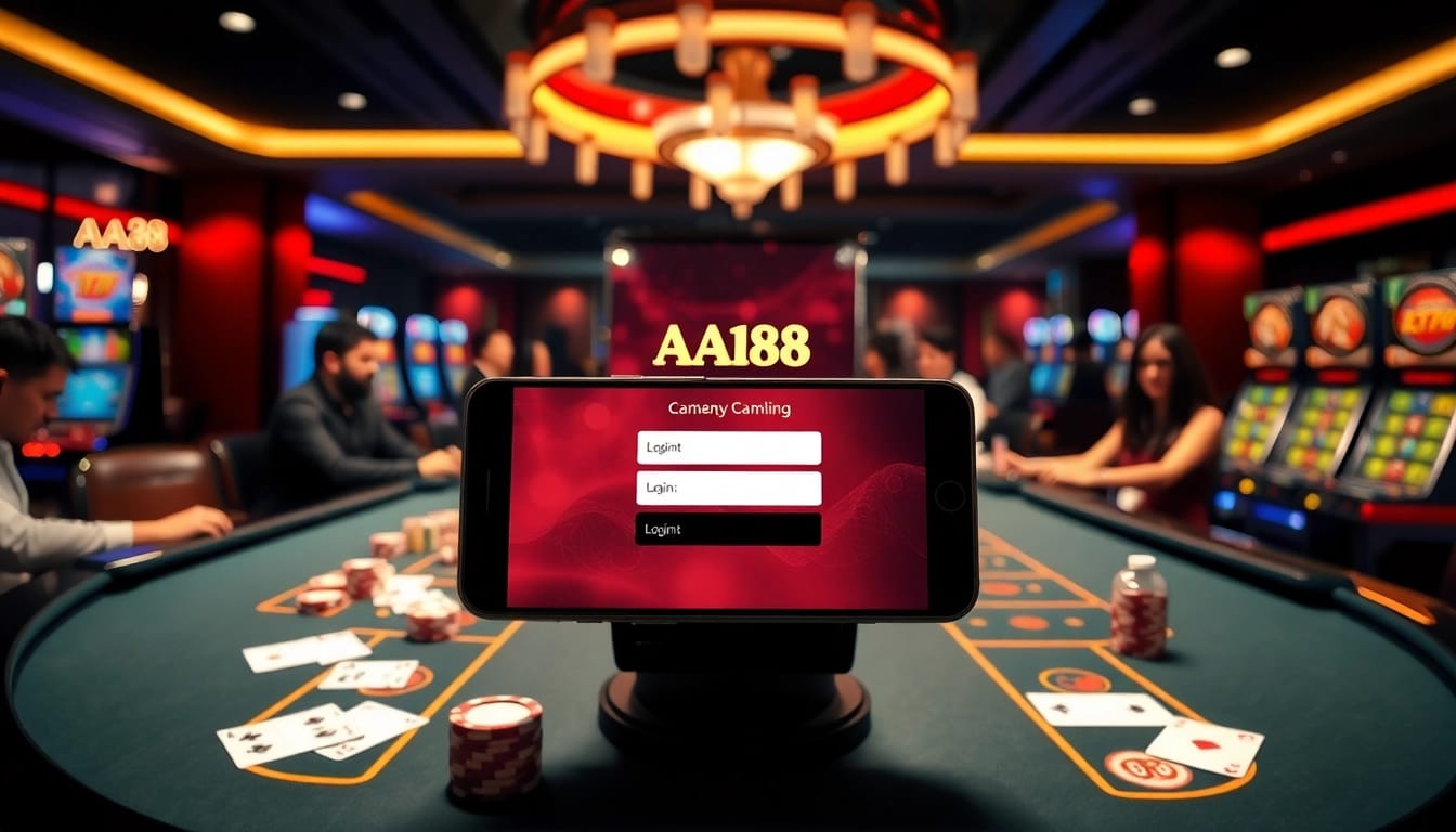 AA88 Đăng nhập scene with players at a luxurious casino, poker chips, and a digital login interface.