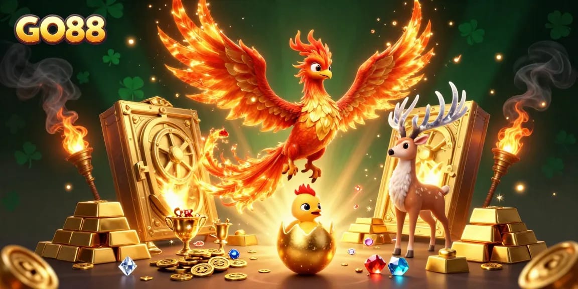 Win big at GO88 with vibrant casino-themed 3D illustration featuring legendary characters and treasure.
