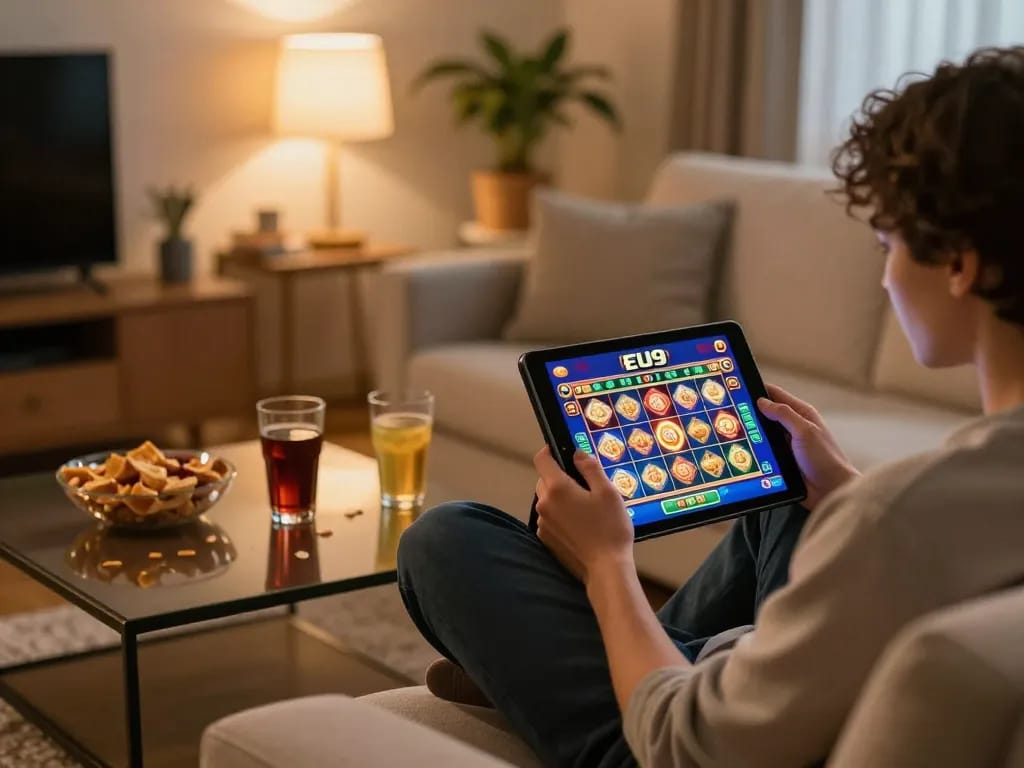 Player enjoying EU9 online casino gaming on tablet in cozy living room.