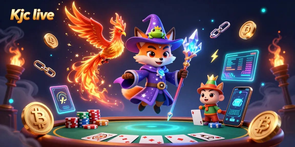 Engage in thrilling gameplay at Kjc live with enchanting characters, poker tables, and cryptocurrency elements.
