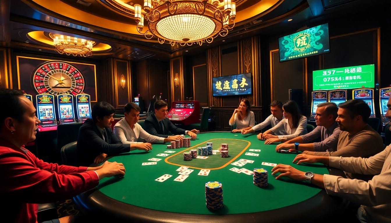Experience high-stakes action in a luxurious casino scene featuring a 'লগইন' interface on poker tables.