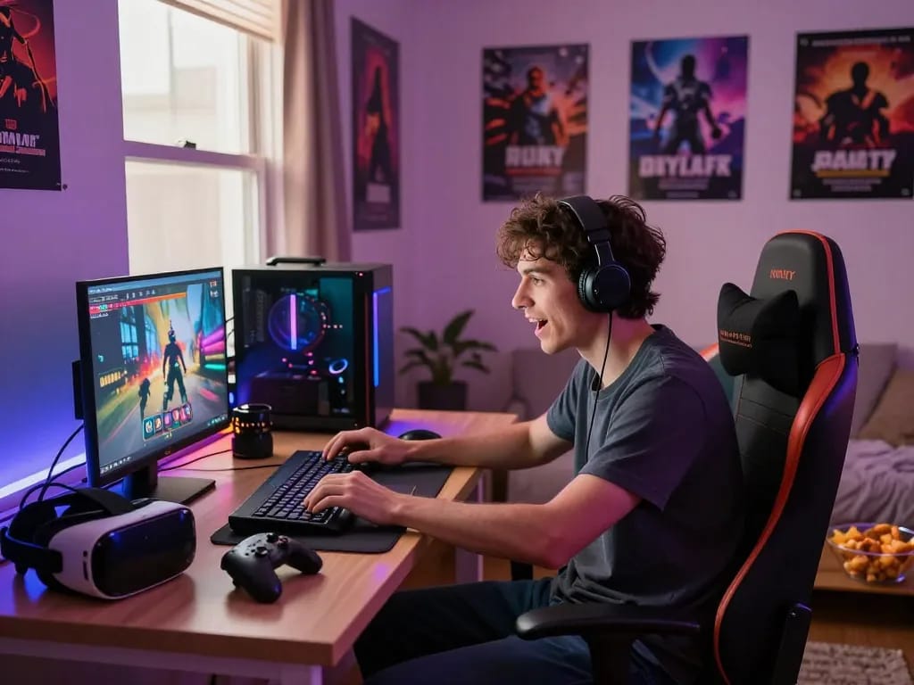 Engaging player immersed in porn games during a cozy gaming session.