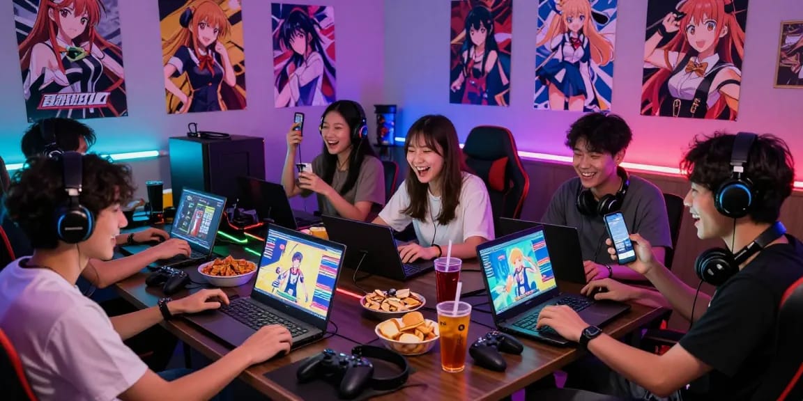 Group enjoying ecchi games online in a lively gaming atmosphere with vibrant decor.