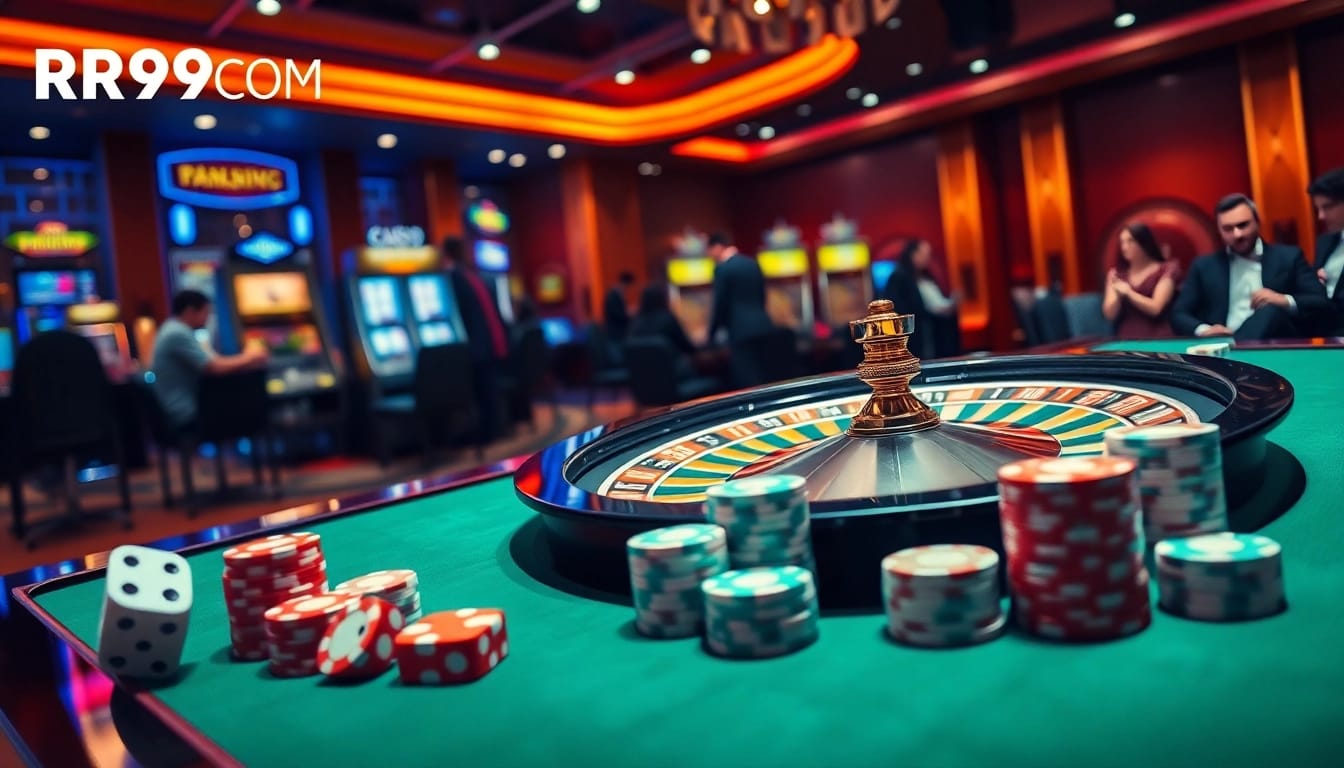 Engage with RR99COM's thrilling online casino experience featuring roulette, poker chips, and vibrant slot machines.