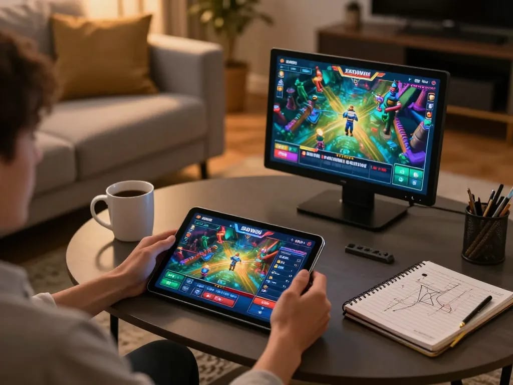 Person enjoying 56WIN app on tablet during cozy home gaming session, illustrating responsible gambling.