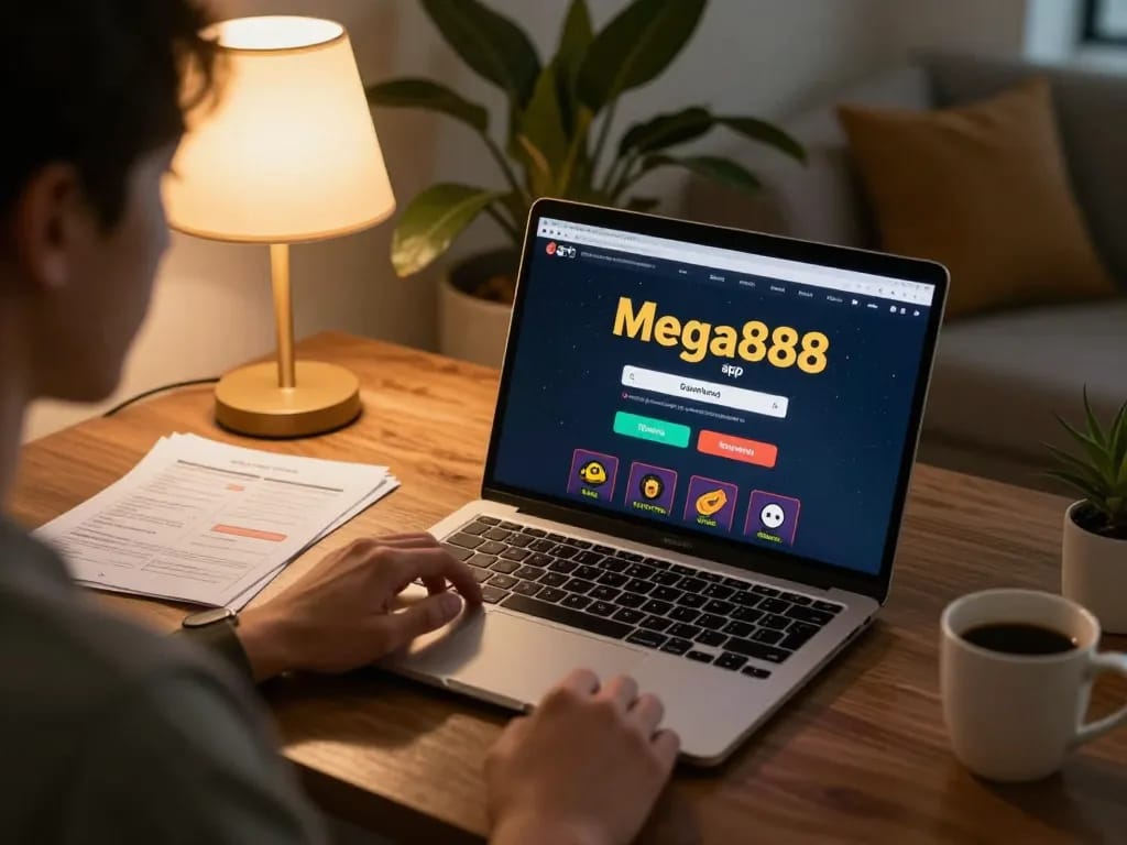 Engaging in online gambling with mega888 apk original download on a cozy personal laptop setup